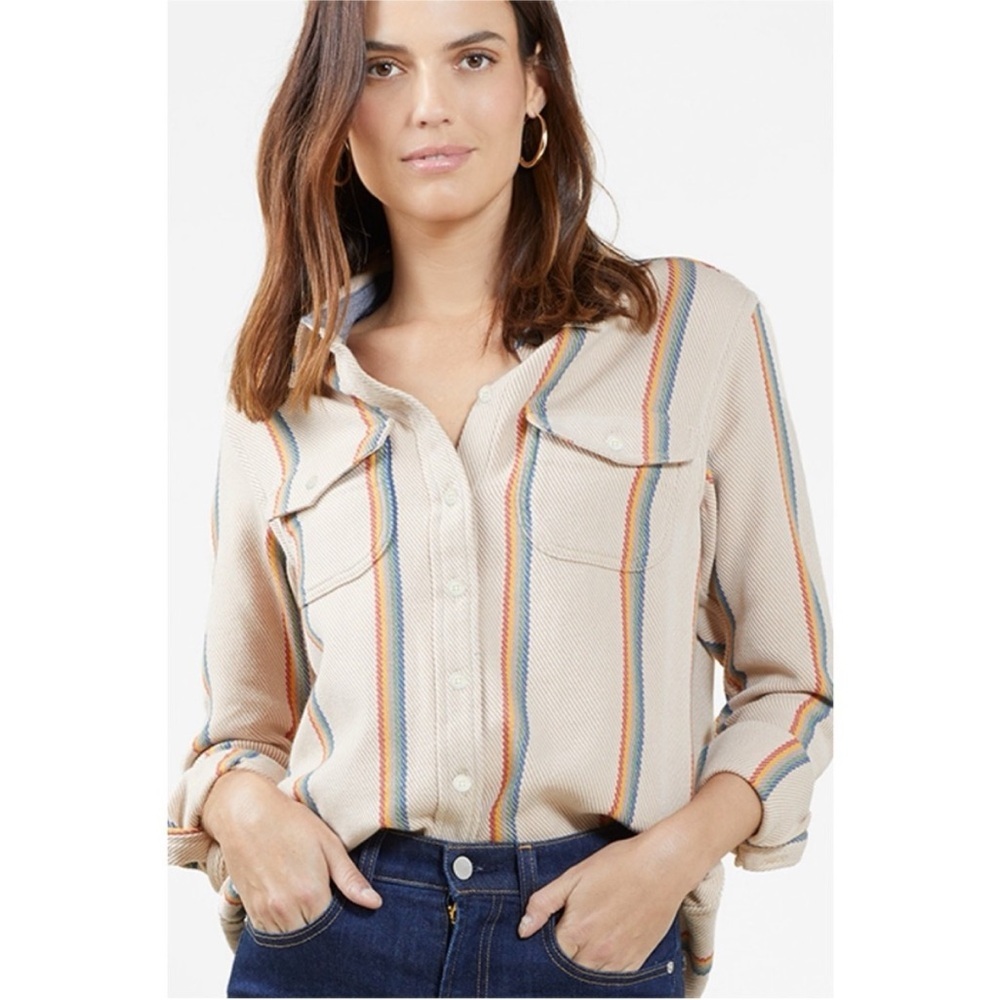 OUTERKNOWN Wheat Rainbow Stripe Organic Cotton Button Front Blanket Shirt Unisex